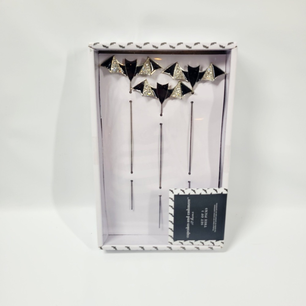 Cupcakes And Cashmere Halloween Bat Tree Picks Black And Rhinestone Set Of 3 New - Picture 2 of 5